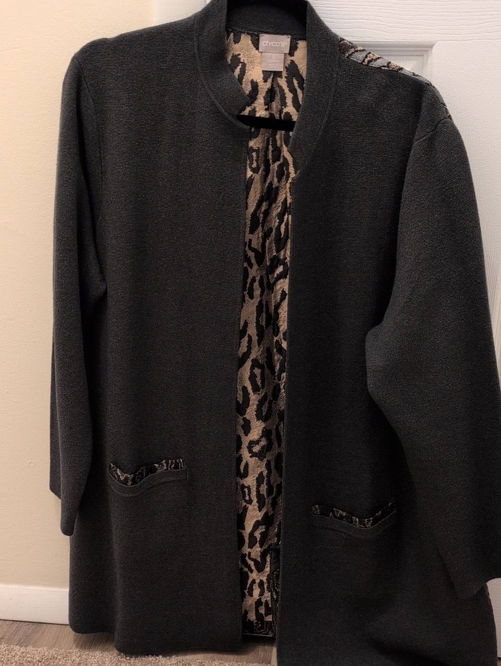 Chico's Dark Gray Open Front Coat with Leopard Trim